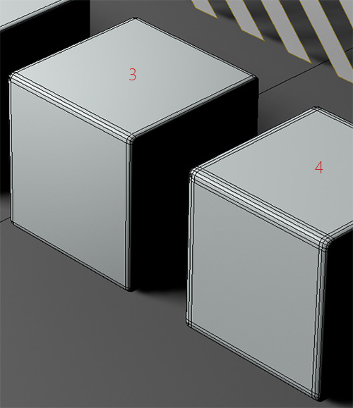 3. кубик с чамфером и 4. кубик с чамфером и лупом рёбер по краю